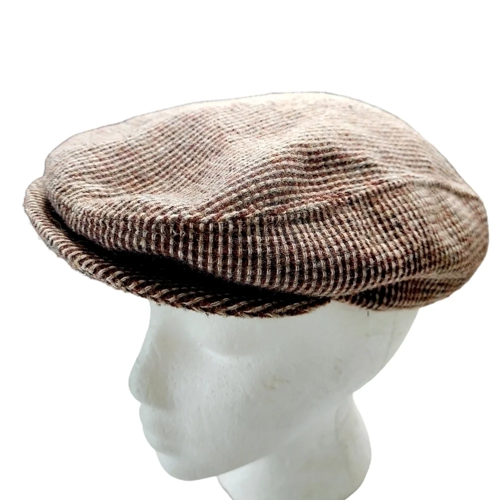 VTG Duckbill Newsboy Hat Wool Brown Herringbone Cap Cabbie Medium Made in USA
